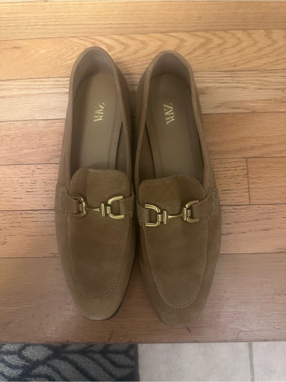 Zara Tan Suede Loafers with Gold Hardware